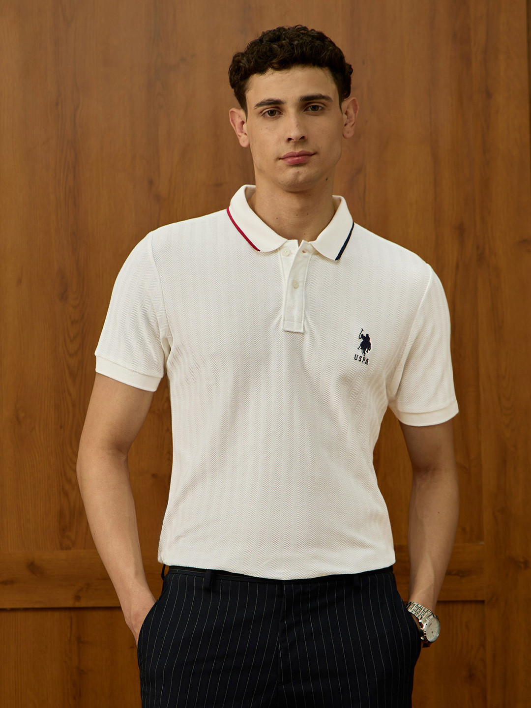 U.S. Polo Assn. Varsity Chevron Self Design Polo Collar Pure Cotton T-shirt