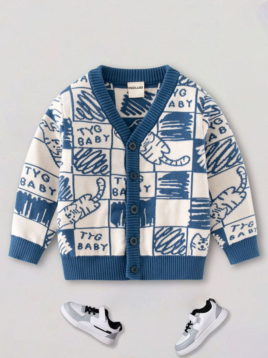 INCLUD Boys Cat Pattern Printed Long Sleeves V-Neck Pullover Sweaters