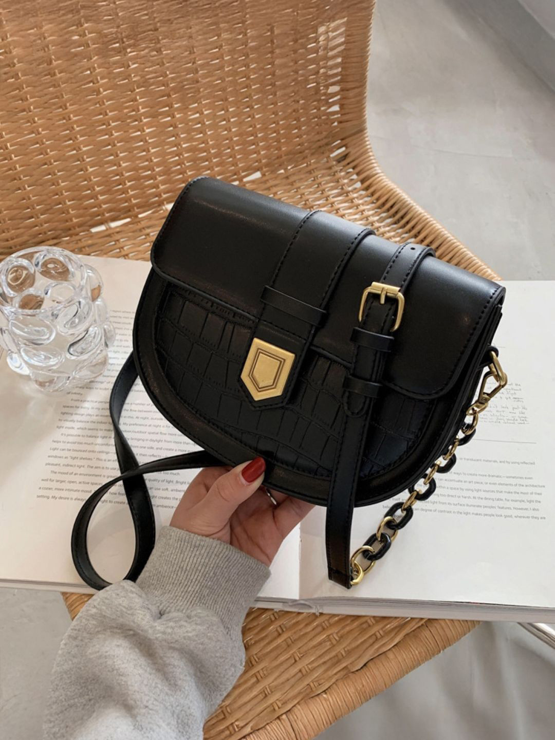KPOP Women Solid Half Moon Casual Sling Bag