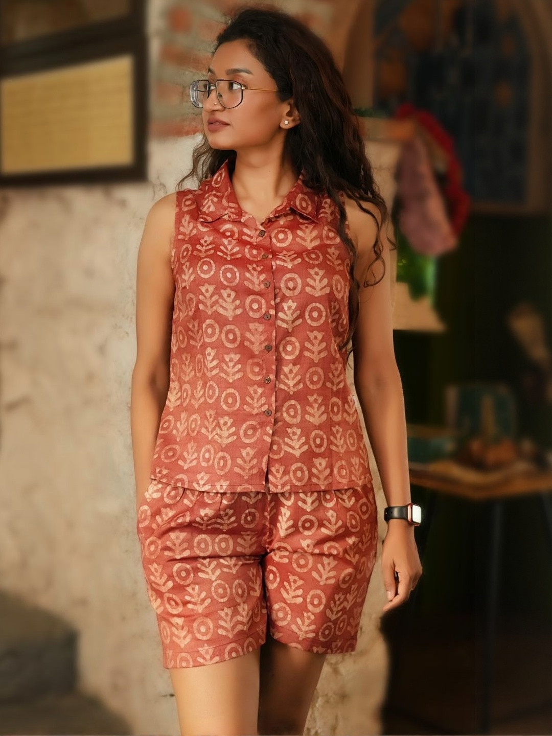 Nilam India Printed Sleeveless Cotton Silk Shirt With Shorts