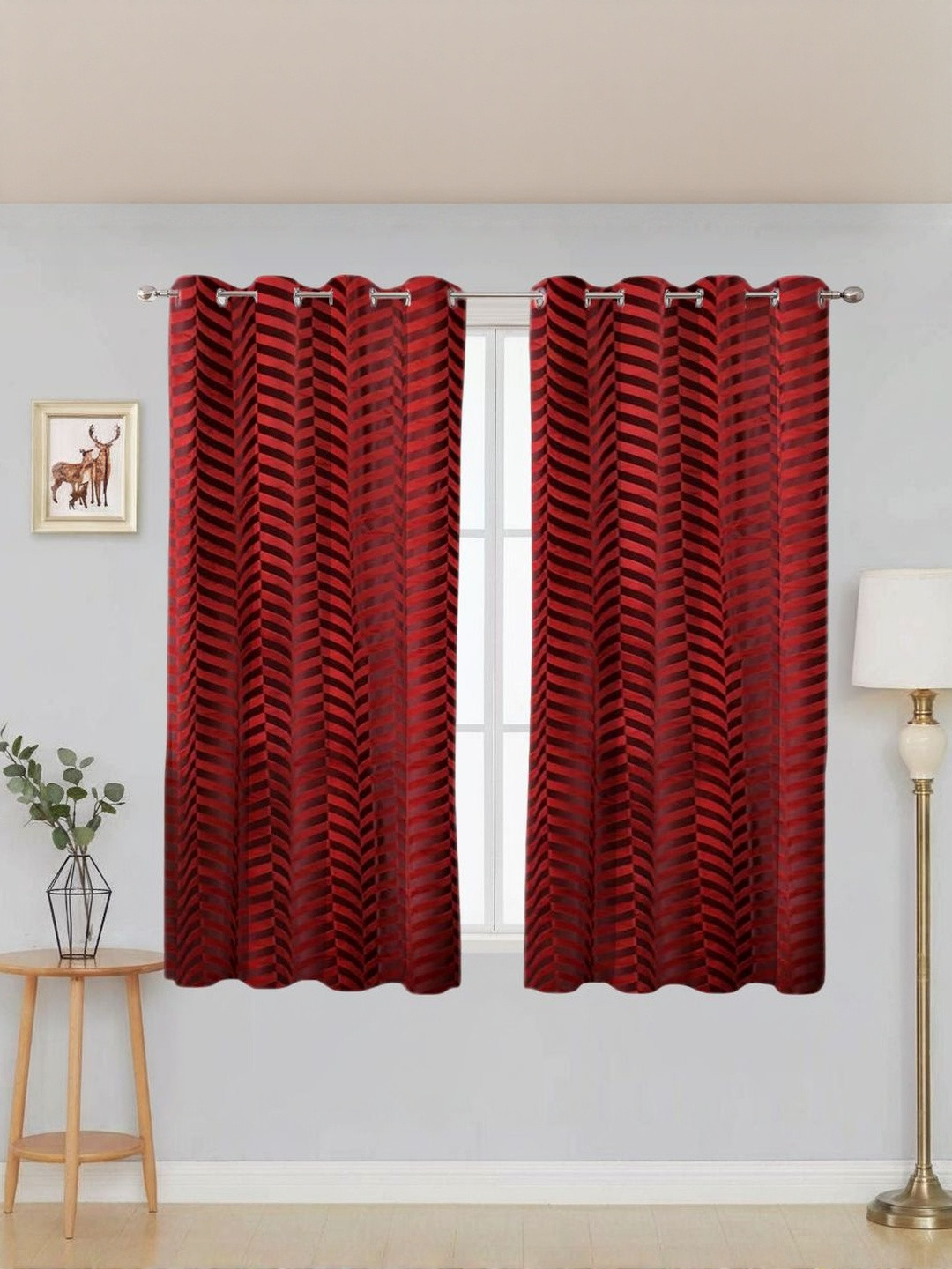 Aura Maroon 2 Pieces Geometric Printed Velvet Black Out Eyelet Window Curtains