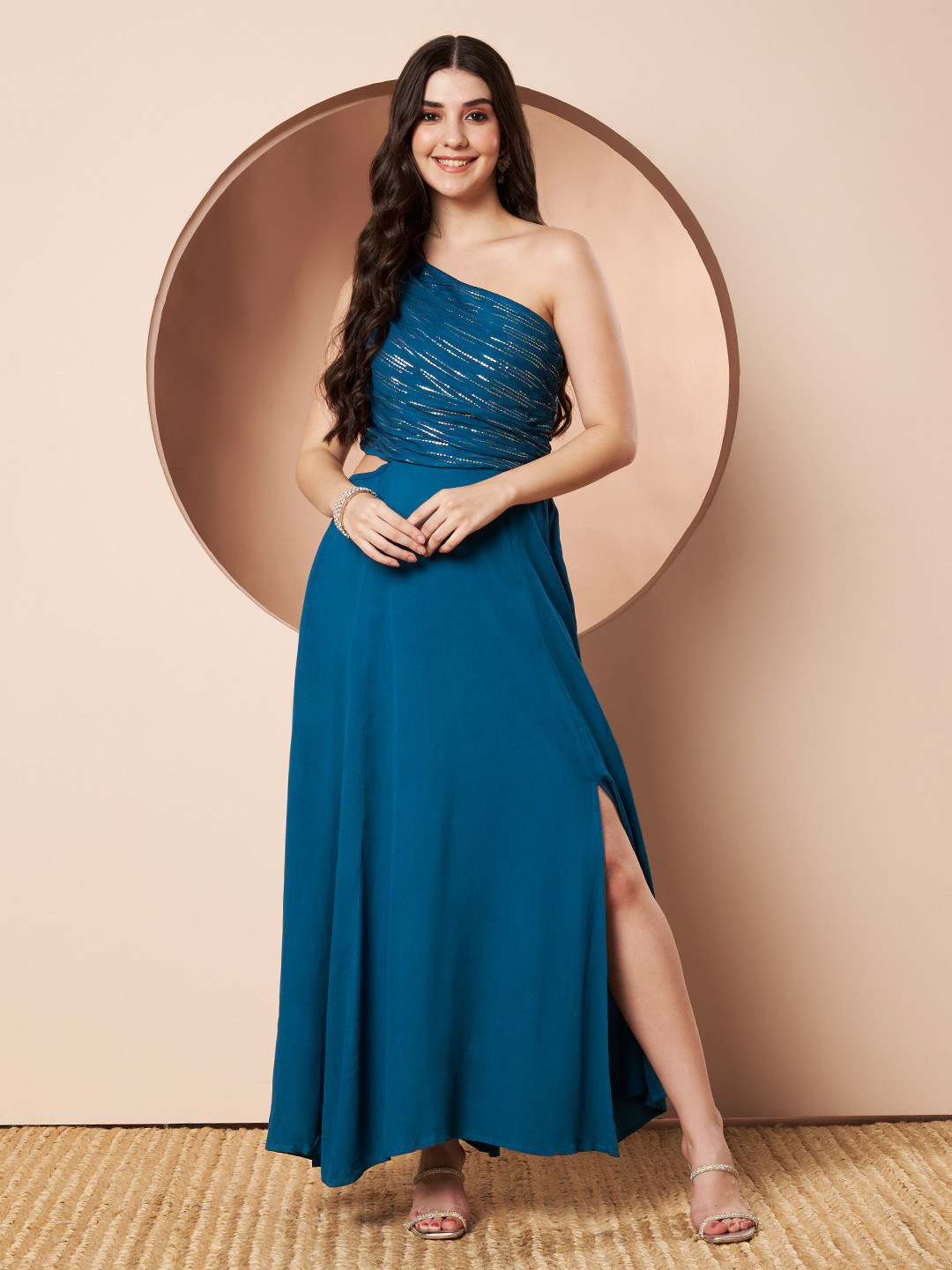 Shades of Sabi Teal Solid One Shoulder Maxi Dress