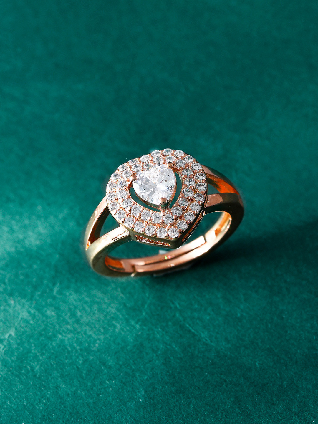 Voylla Rose Gold-Plated Elegance Crystal Heart American Diamond Studded Solitaire Ring