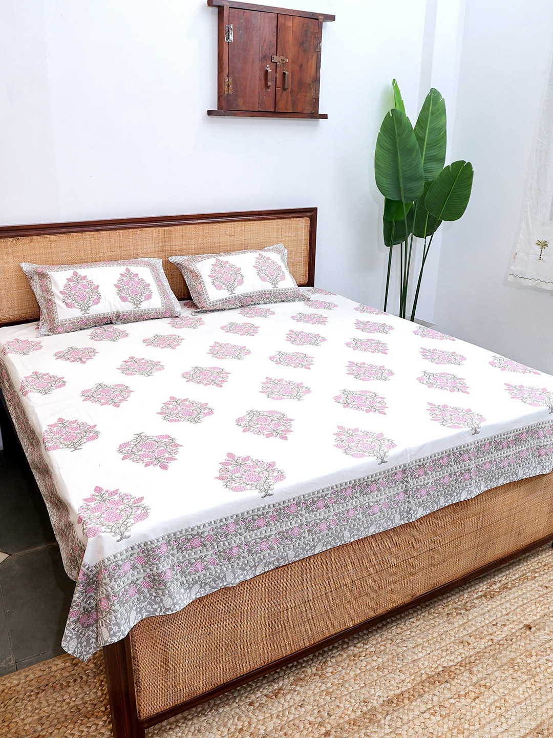 Plarsh Comfort Premium Jaipuri White Ethnic Motifs Cotton 180 TC King Fine Bedsheet with 2 Pillow Covers-95 x 108 inches
