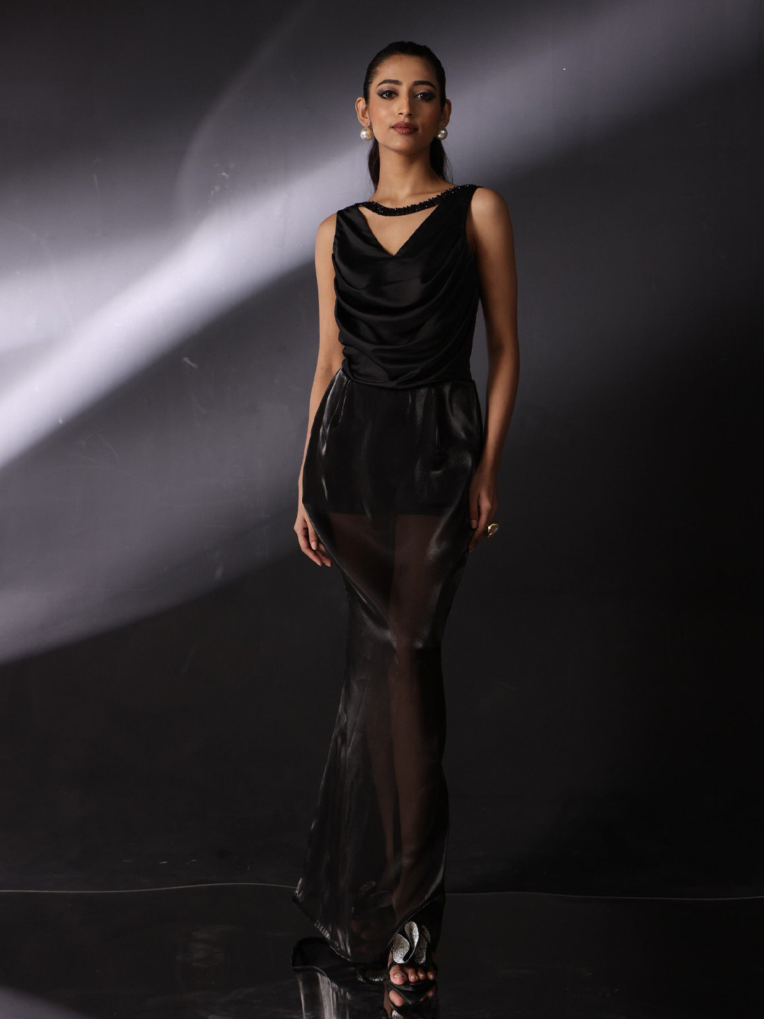 THE BLACK LOVER Women Cowl Neck Sleeveless Sheer Sheath Maxi Dress