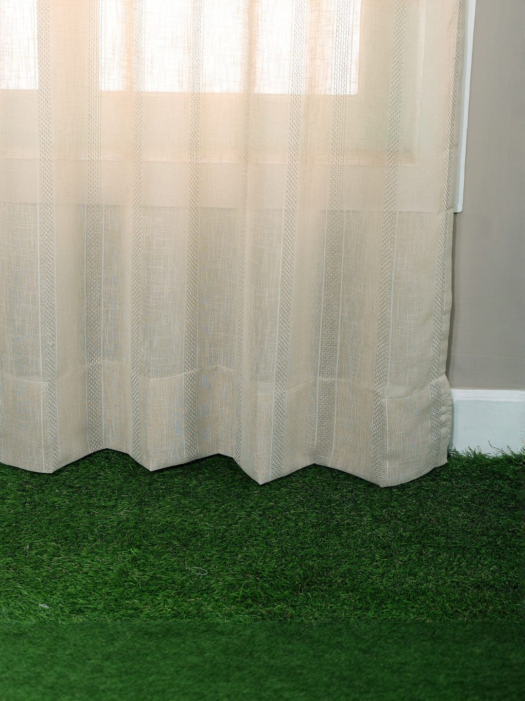 B' Decorlish Cream 2 Pieces Self Design Linen Sheer Eyelet Long Door Curtains