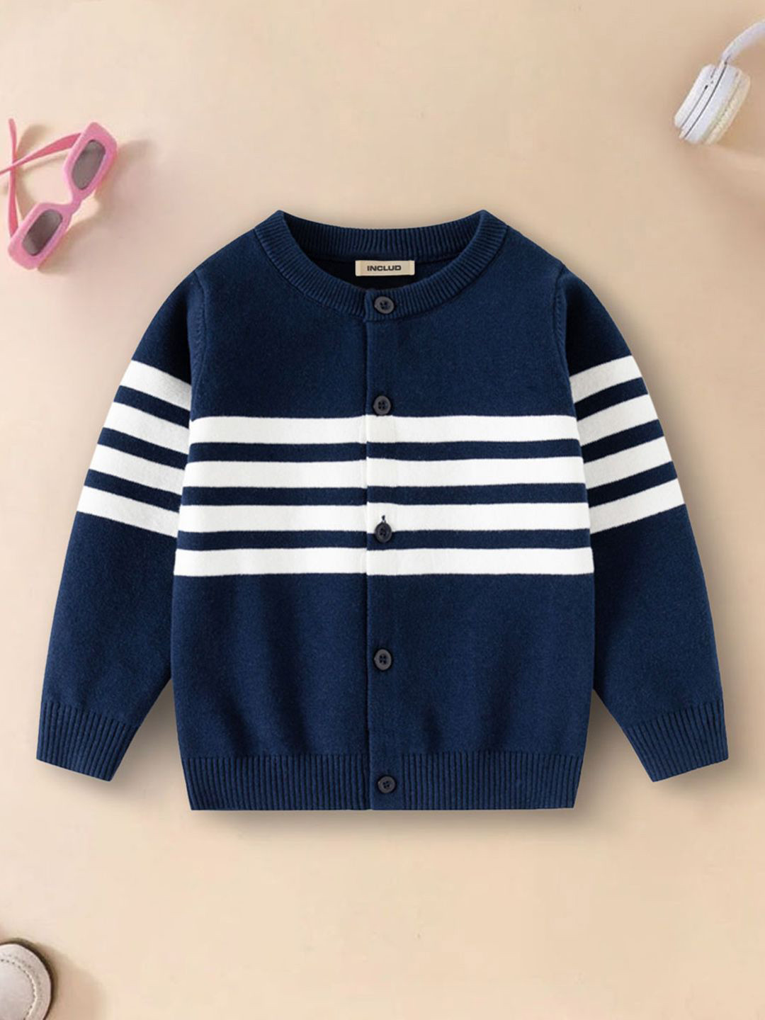 INCLUD Boys Striped Round Neck Full Sleeves Pullover Sweater