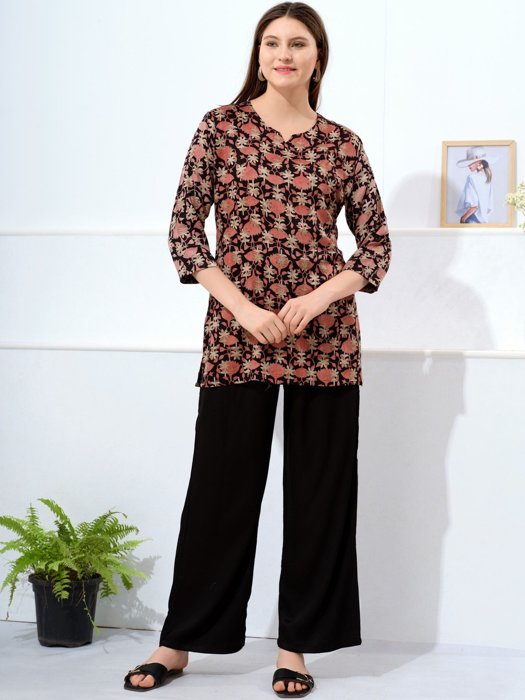 NIGHT FLOSS Women Ethnic Motifs Printed Silk Kurta with Palazzos