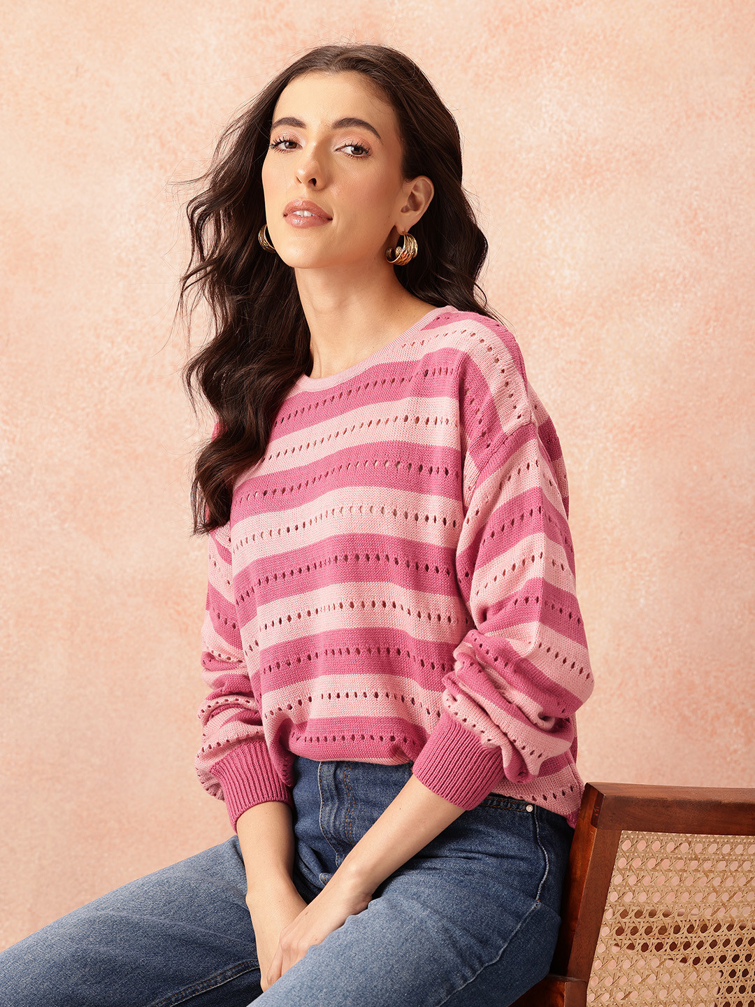 all about you Women Open Weave Striped Acrylic Pullover