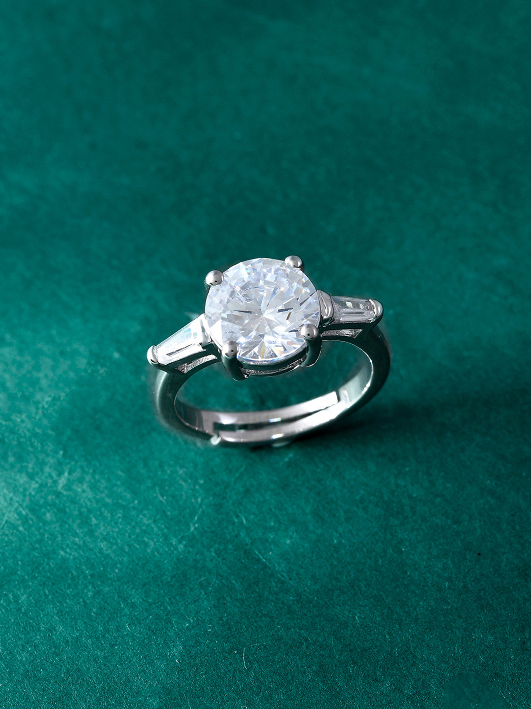 Voylla Rhodium-Plated Elegance Astrella American Diamond Studded Solitaire Finger Ring