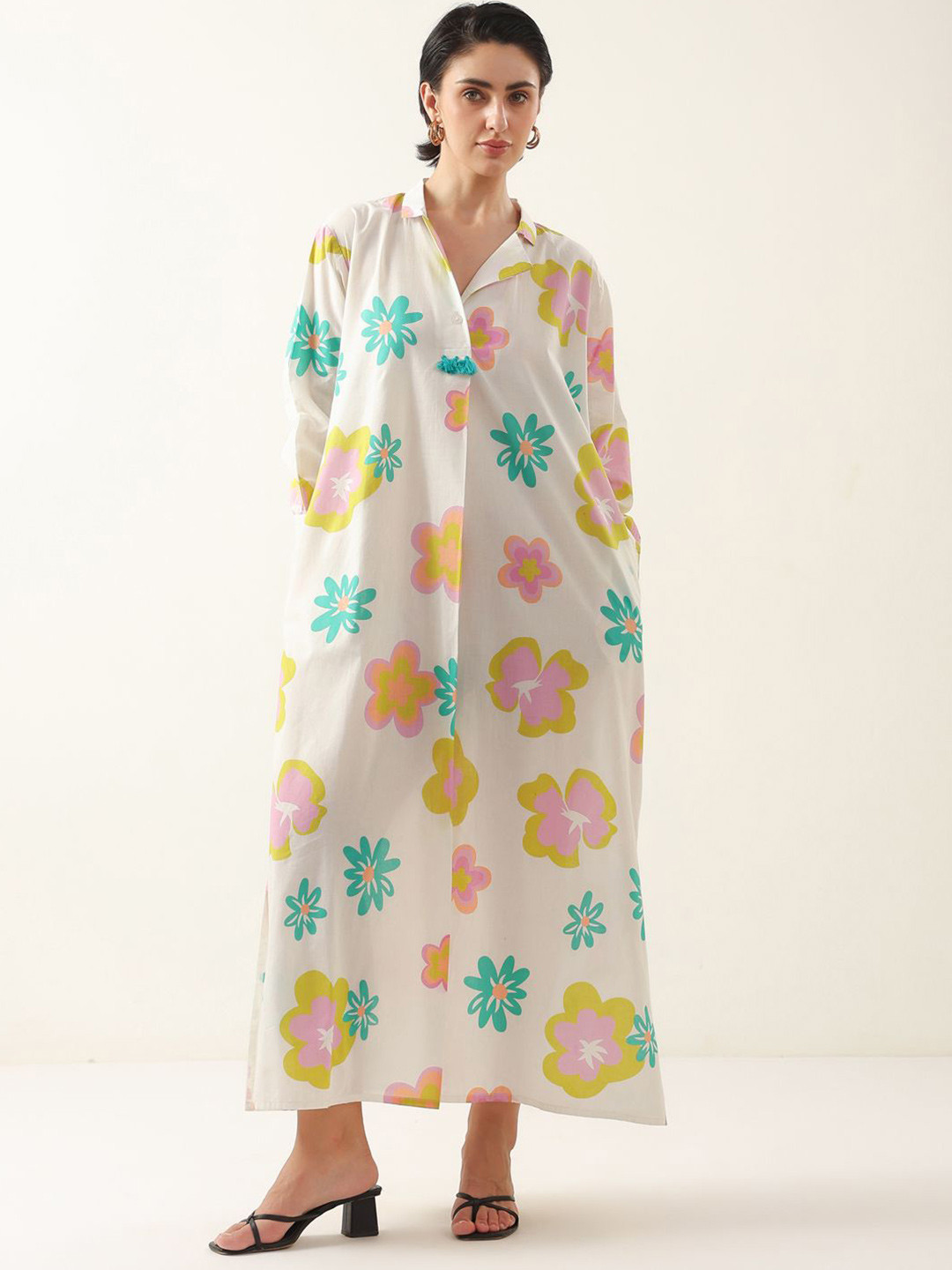 SANSKRUTIHOMES Abstract Printed Shirt Collar Cuffed Sleeves Maxi Dress