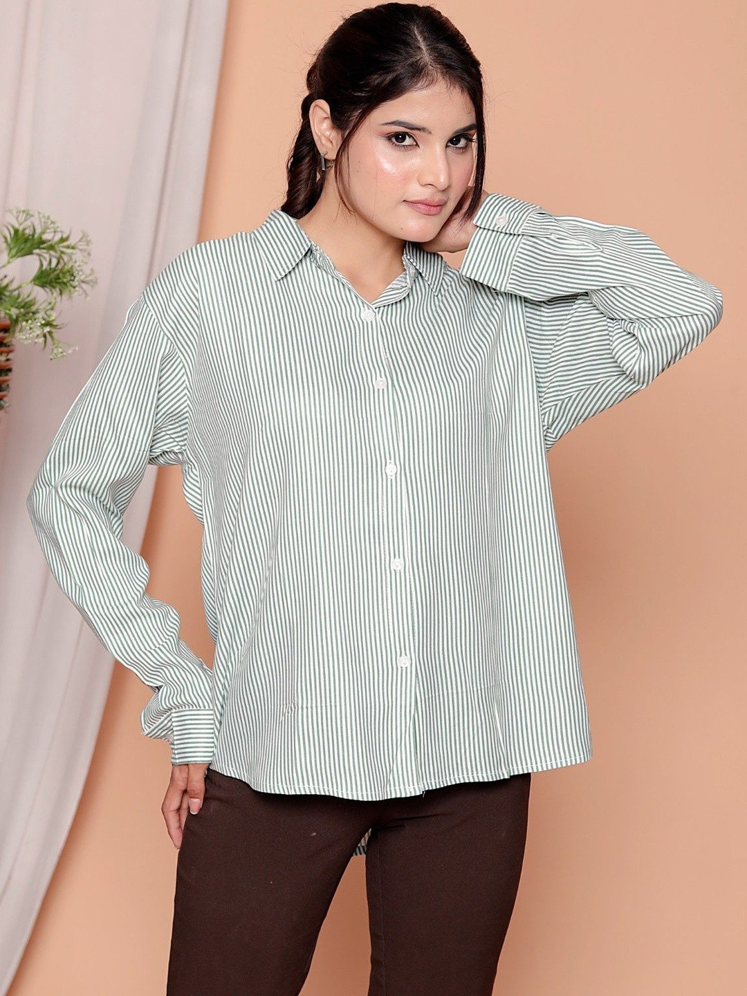 GRX Green Striped Shirt Collar Cuffed Sleeves Cotton Shirt Style Top