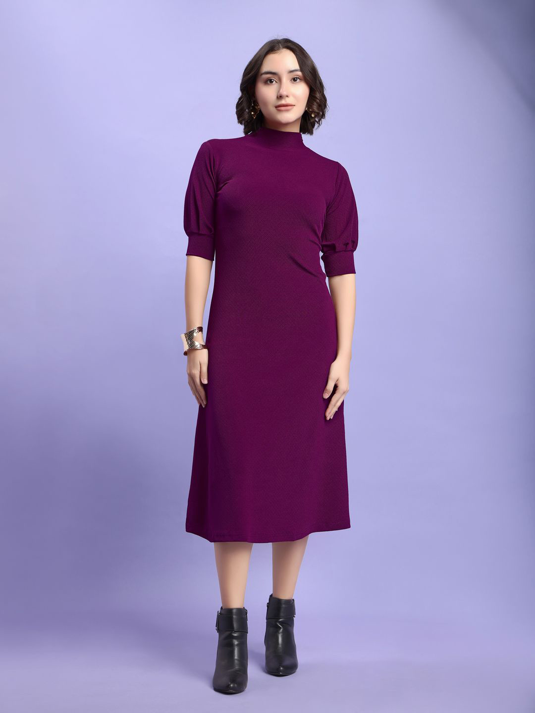 PURVAJA Women Mock Neck Puff Sleevs Sheath Midi Dress