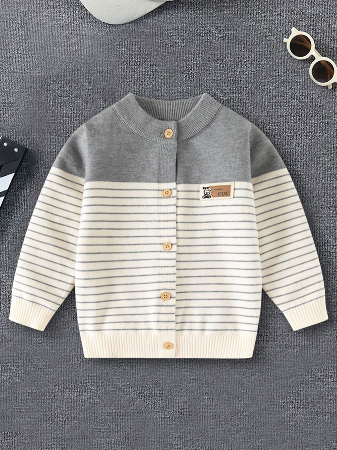 INCLUD Boys Striped Self-Design Round Neck Cardigan