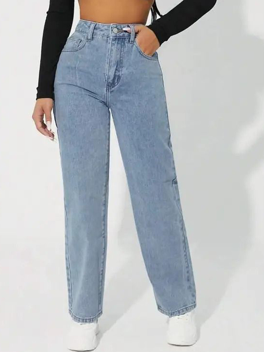 SAKIA Women Jean Light Fade Ice Streachable High Rise Straight Fit Jeans