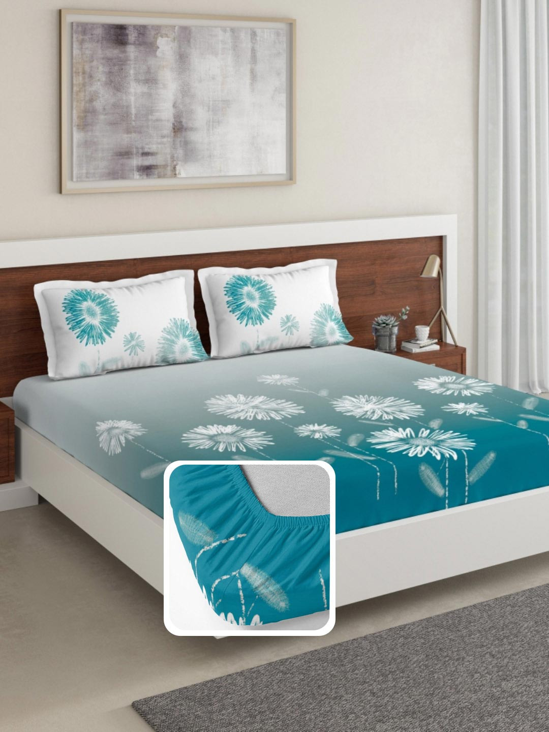 DDecor Turquoise Blue & White Floral 140TC King Fitted Bedsheet with 2 Pillow Covers