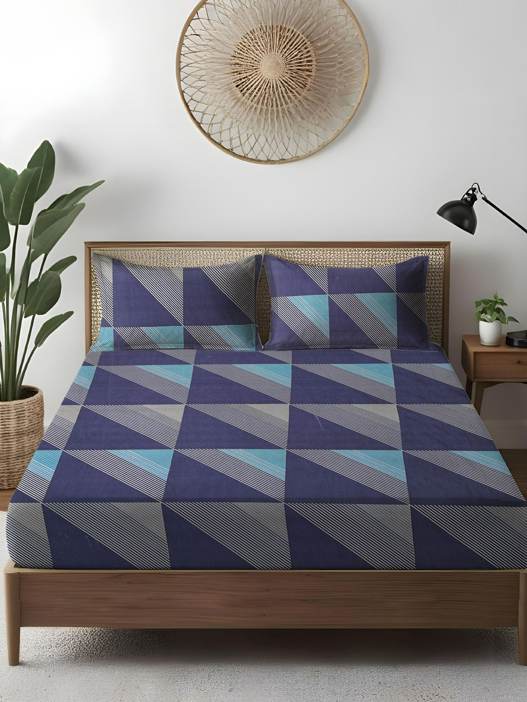 WEAVE AND DECOR Navy Blue Printed Pure Cotton Feel 300TC King Bedsheet Set-1.98mx1.98m