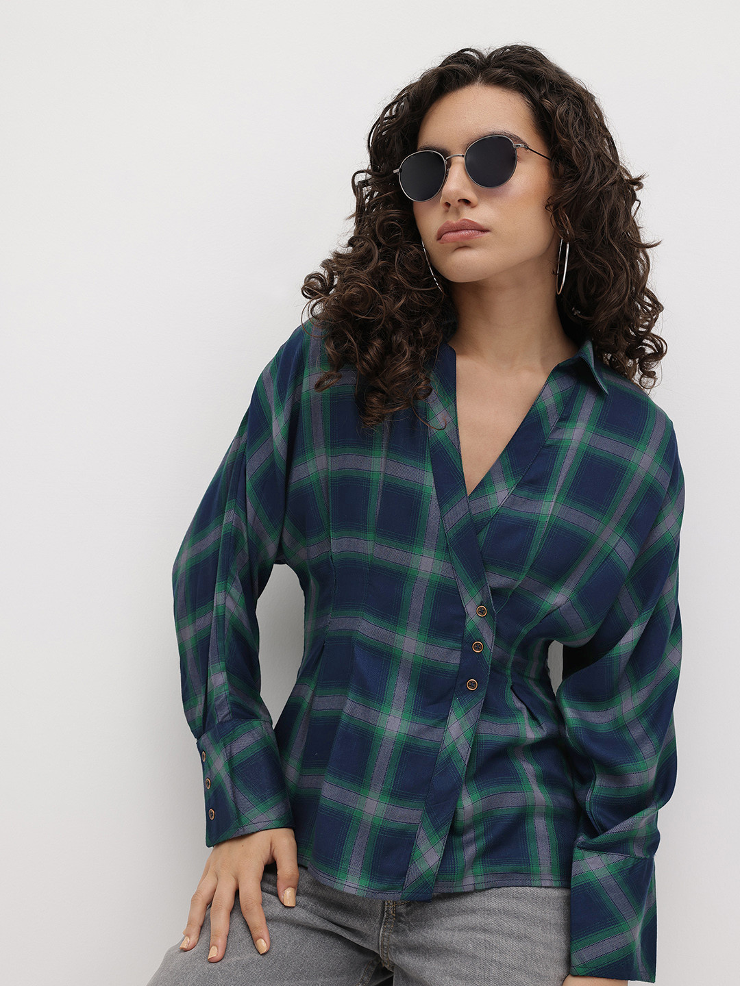 The Roadster Life Co. Tartan Checks Pleated Detail Wrap-Style Shirt