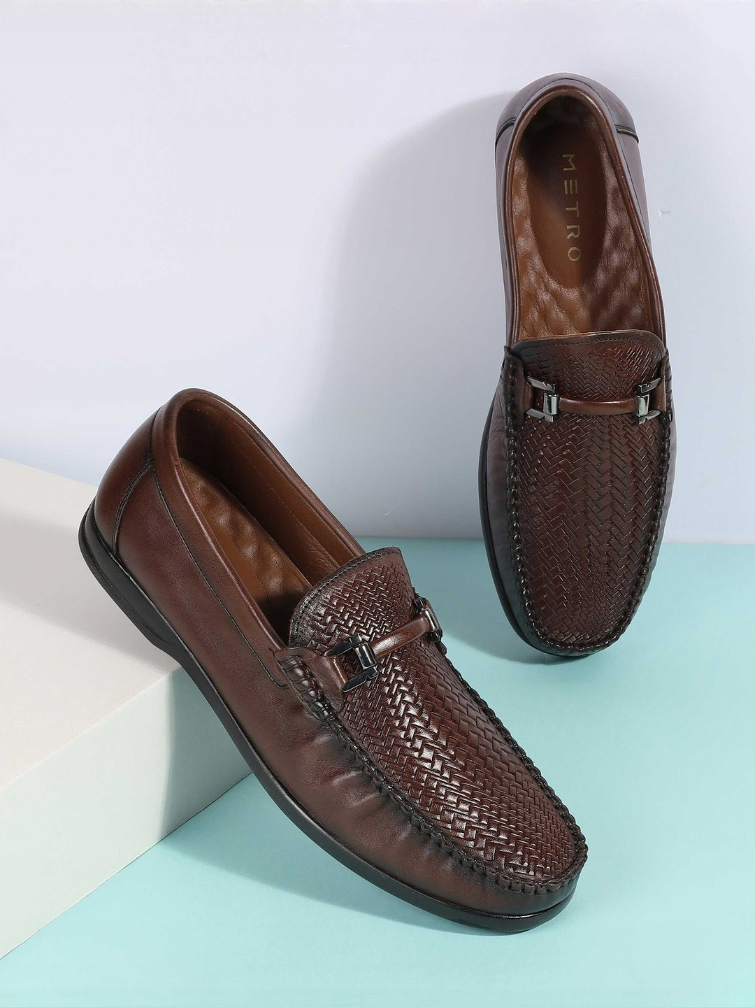 Metro Men Woven Design Slip-On Leather Loafers With Buckles