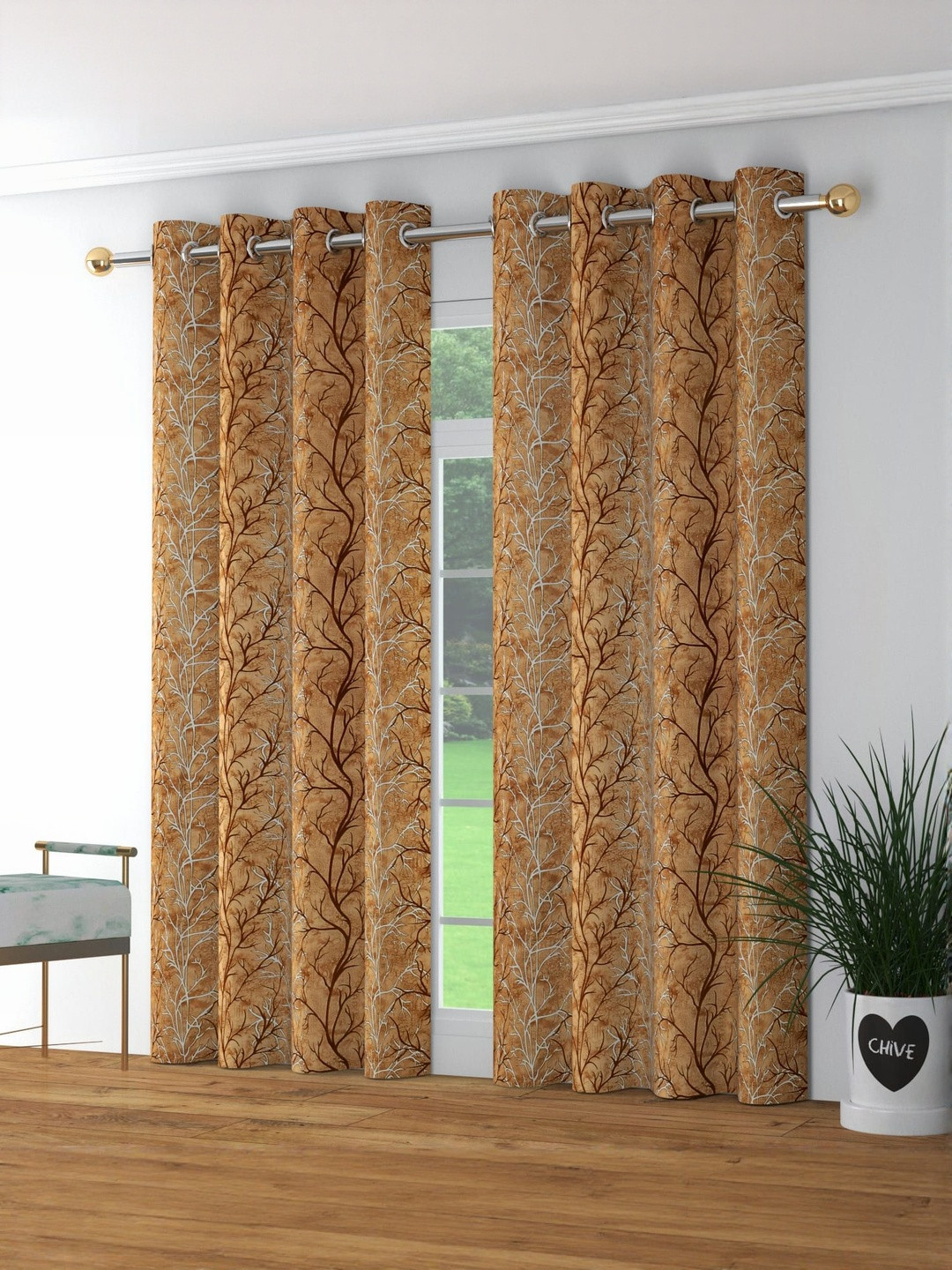 GEET CREATIONS Softy-Superstar Gold Toned 2 Pieces Printed Room Darkening Door Curtains