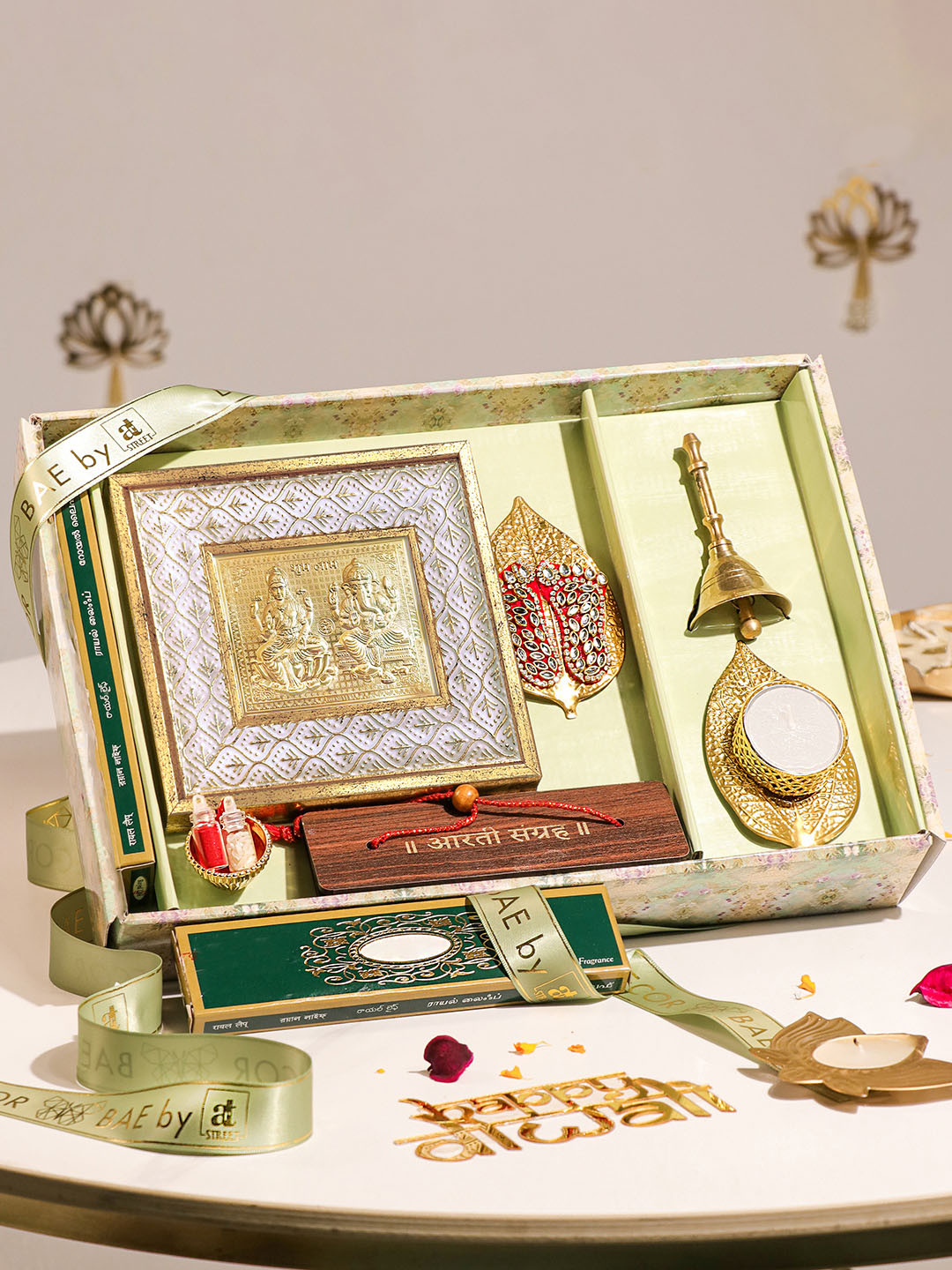Art Street Pooja Hamper Box with Laxmi Ganesh Frame, Charan, Aarti Sangrah, Ghanti, Candle