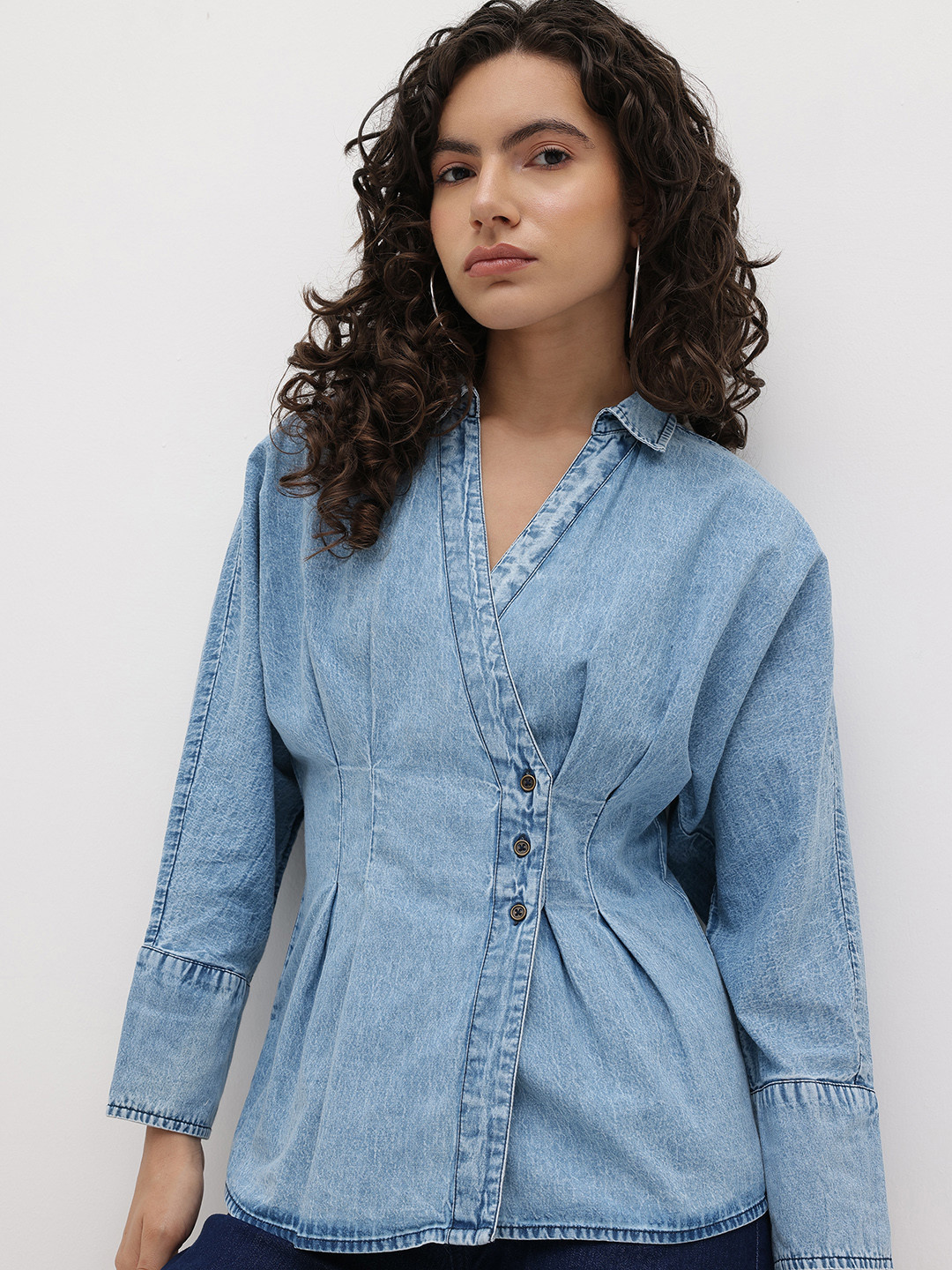 The Roadster Life Co. Washed Effect Pleated Detail Pure Cotton Wrap-Style Denim Shirt