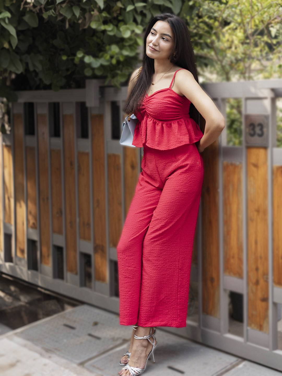 Aoba Women Red Shoulder Strap Top With Trousers Co-Ords Set