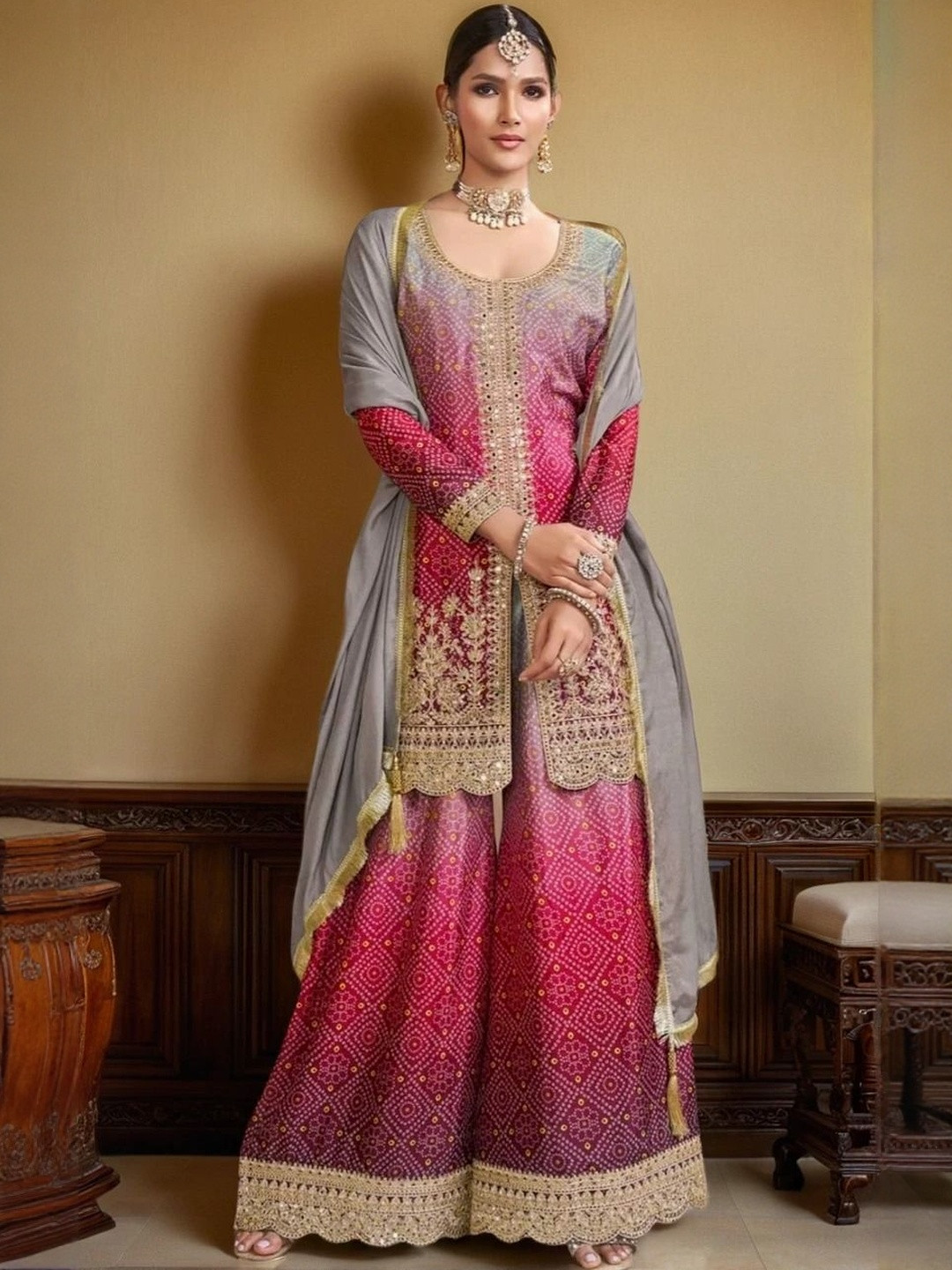 krisha fashion Women Bandhani Embroidered Regular Sequinned Kurta with Sharara & Dupatta