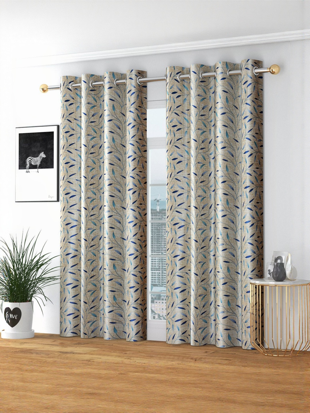 GEET CREATIONS Softy Mirchi Blue & Beige 2 Pieces Printed Room Darkening Door Curtains