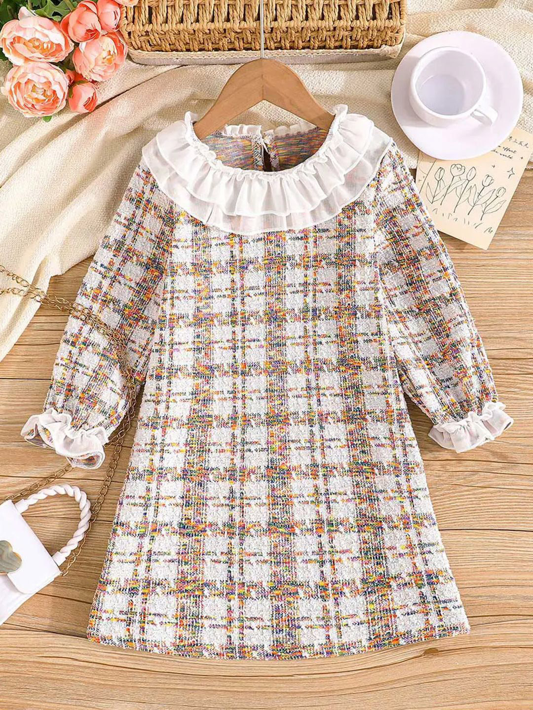 YK Girls Self Design Tweed A-Line Puff Sleeve Dress with Ruffle Neck