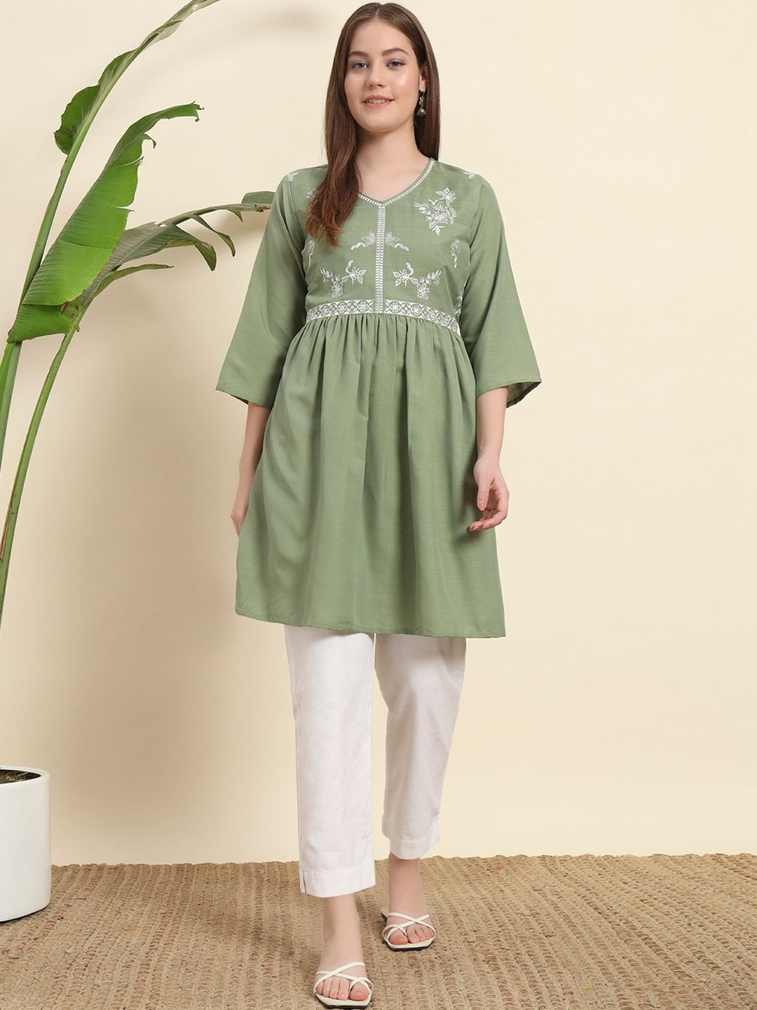 Milvia Woven Design Embroidered Thread Work V-Neck Flared A-Line Kurti