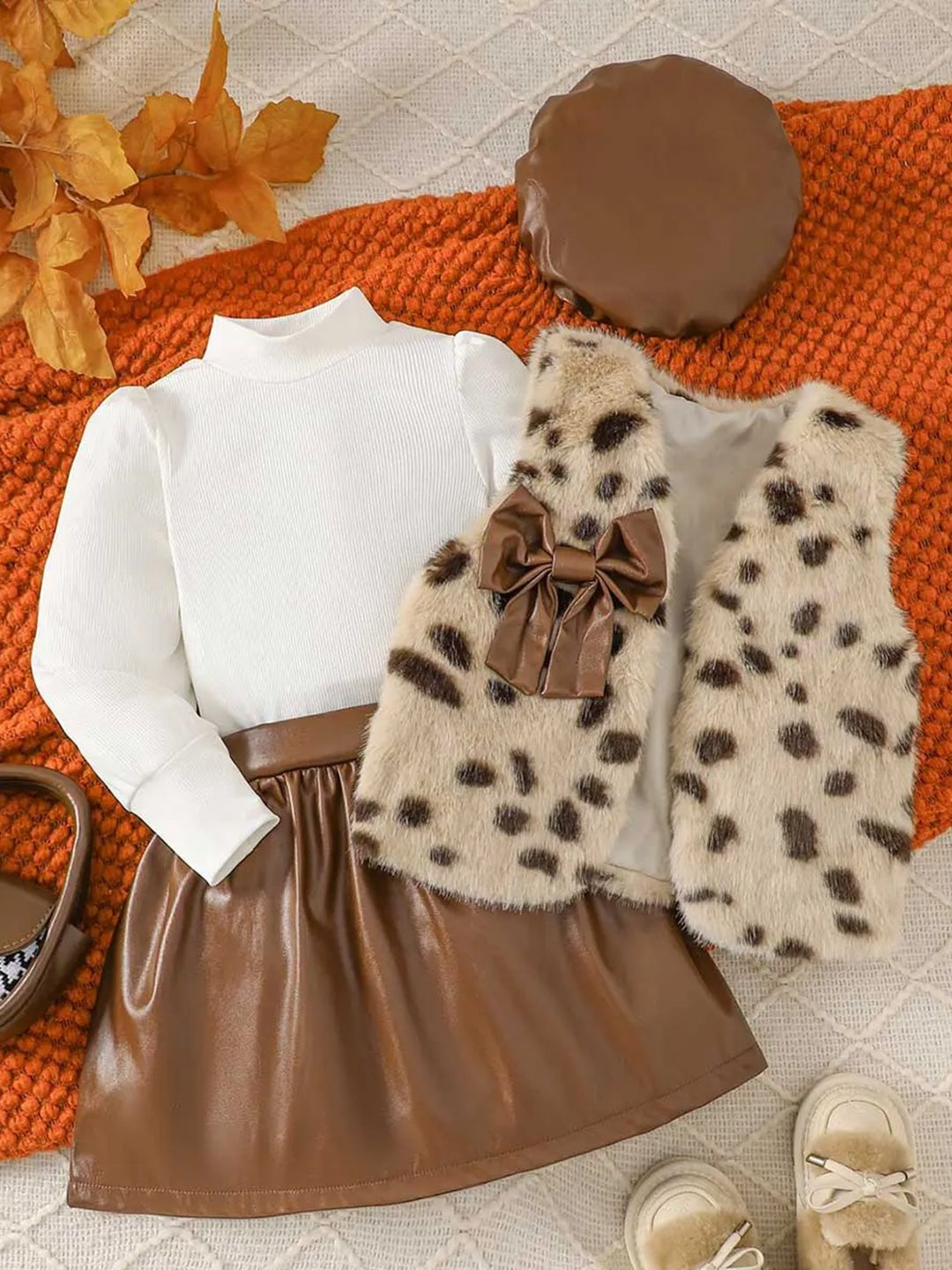 YK Girls Ribbed Long Sleeves Top With Skirt & Vest