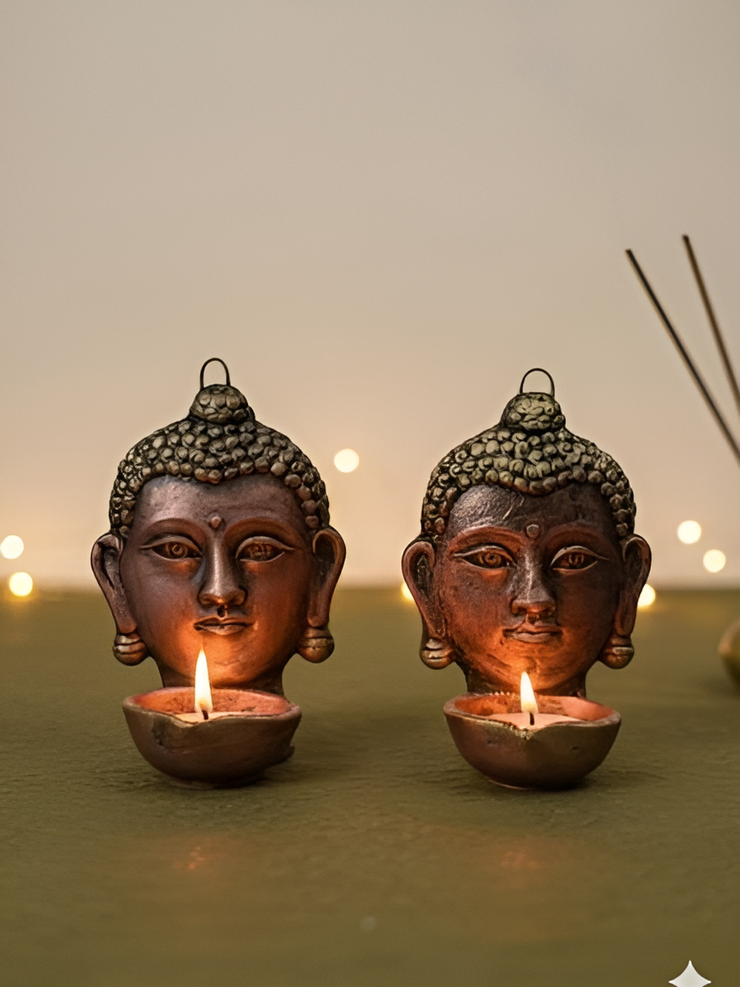 The handicraftian Bronze-Toned 2 Pieces Buddha Face Textured Terracotta Traditional Diyas