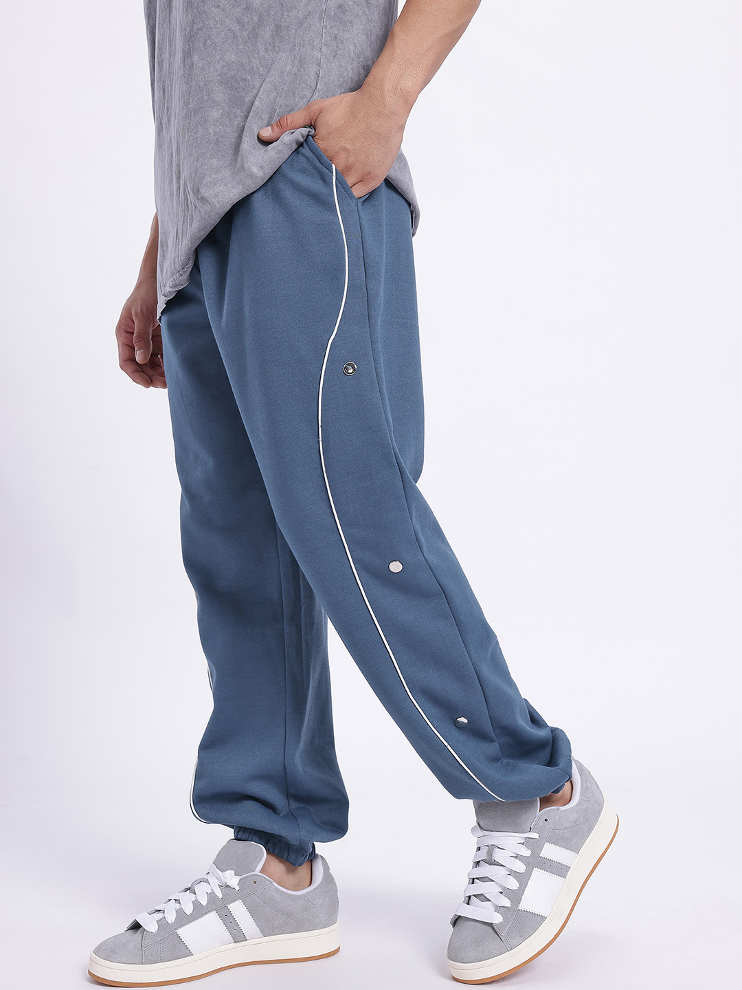 glitchez Men Mock Metallic Buttons Contrast Piping Relaxed Fit Joggers