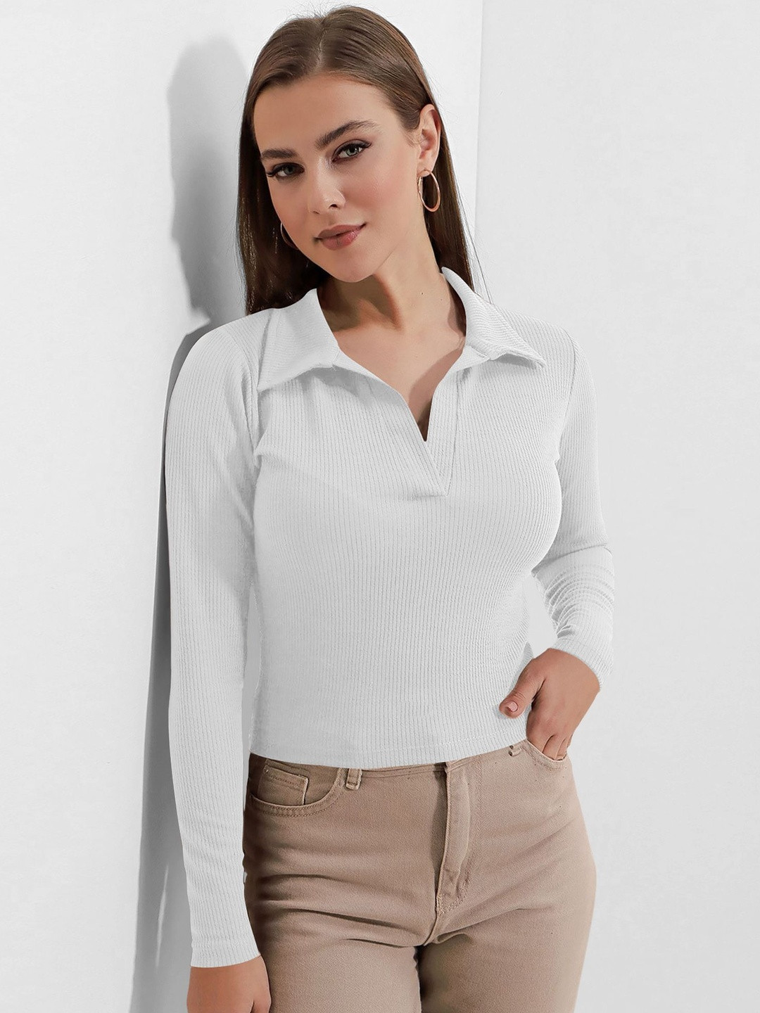 Maheshvi Women Ribbed Shirt Collar Long Sleeves Top