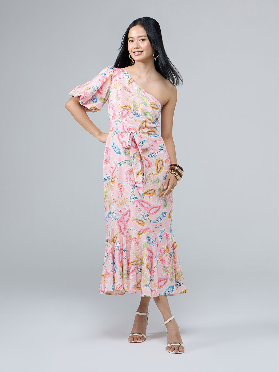 20Dresses Women Viscose Rayon One Shoulder Puff Sleeve Ruffled Drop-Waist Midi Dress