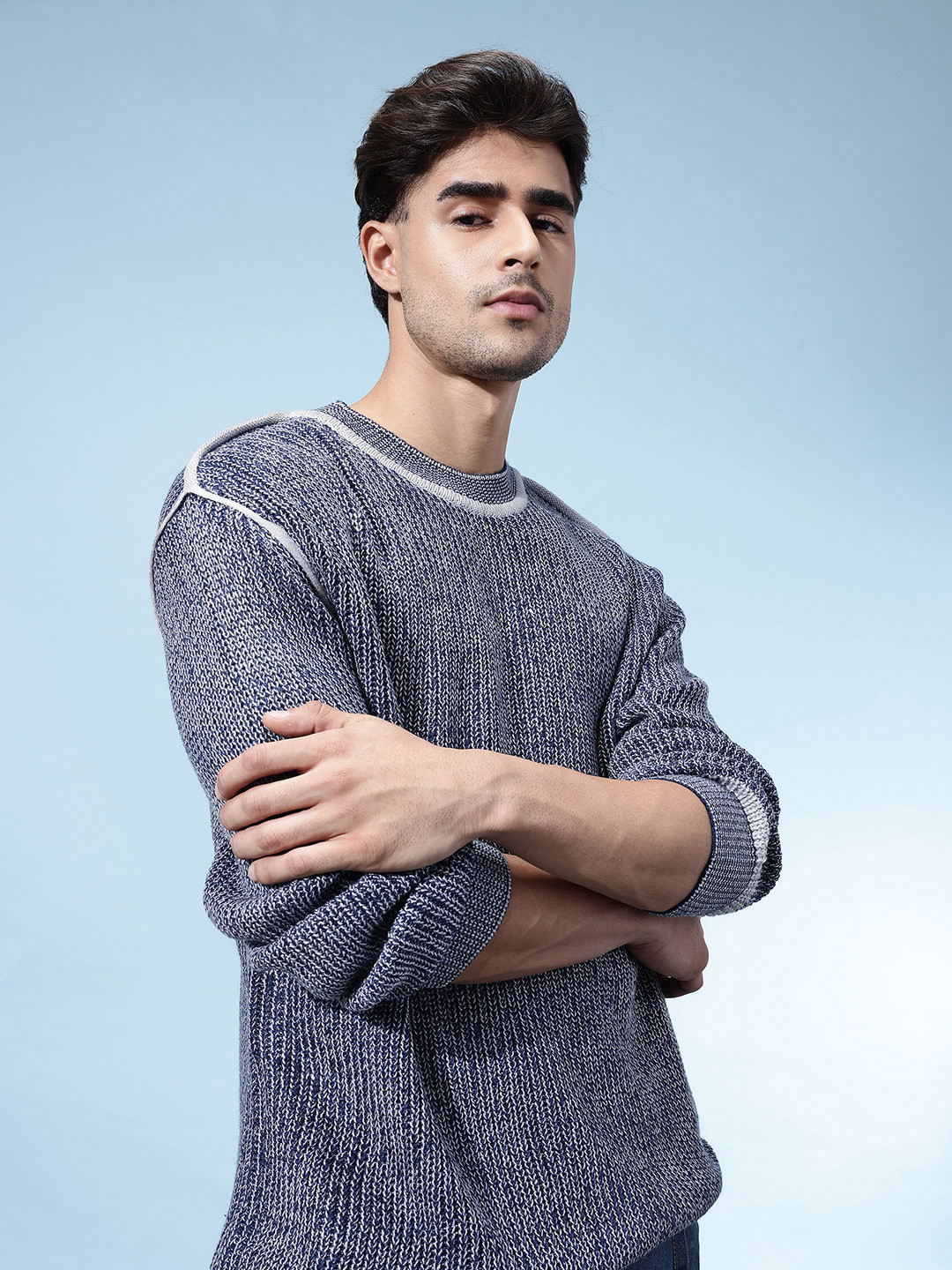 glitchez Solid Round Neck Ribbed Relaxed Pullover With Contrast Piping