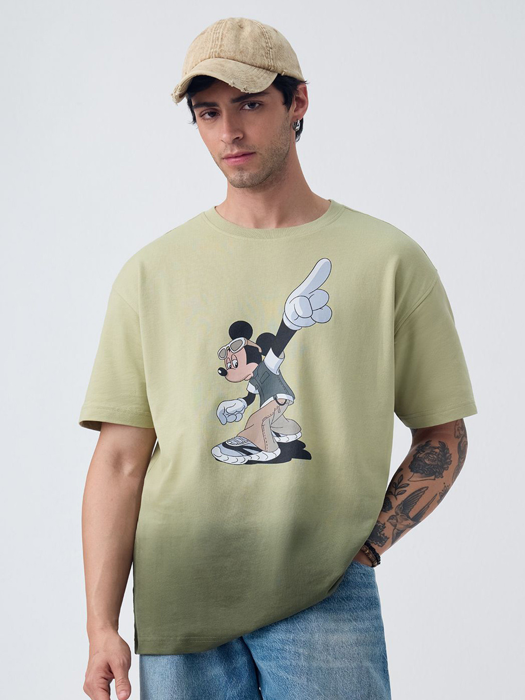 The Souled Store Men Mickey Mouse Printed Drop-Shoulder Sleeves Oversized T-shirt