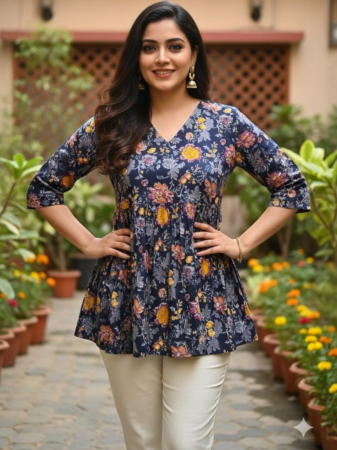 BAESD Pure Cotton Floral Printed V-Neck Pure Cotton Tiered Kurti