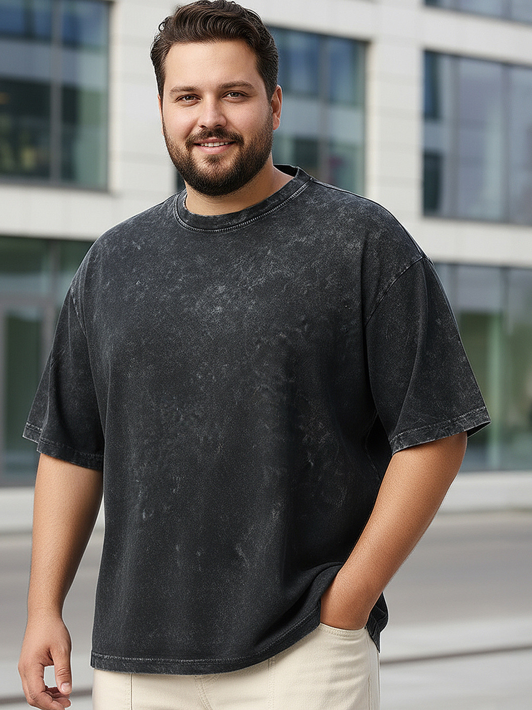 Bewakoof Plus Men Plus Size Washed Effect Dyed Round Neck Pure Cotton Oversized T-shirt