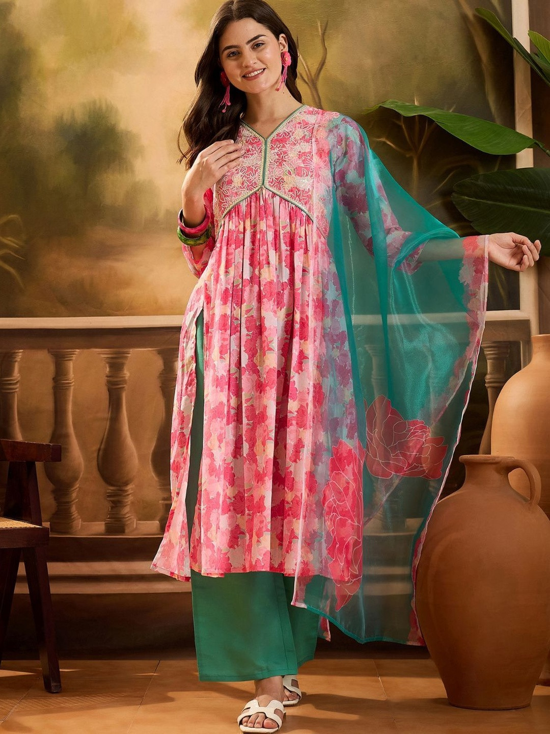 Youthnic Women Printed Embroidered Empire Alia Cut A-Line Kurta With Pant & Dupatta