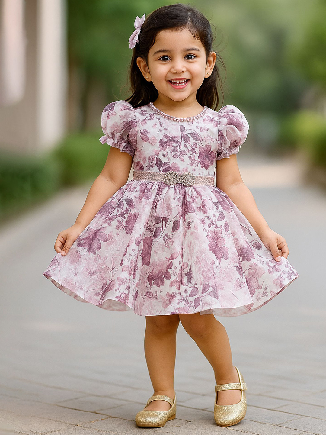 Lagorii Lavender Floral Print Puff Sleeve Chiffon Fit & Flare Dress with Pearls Neckline