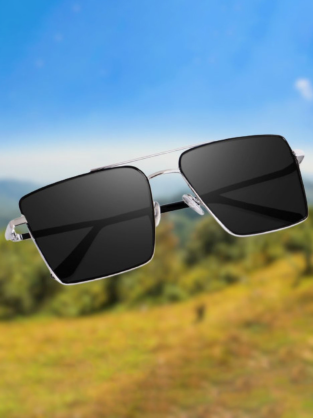 SPADEACES Unisex Square Sunglasses with UV Protected Lens HQ SILVER BLACK SQUARE -87