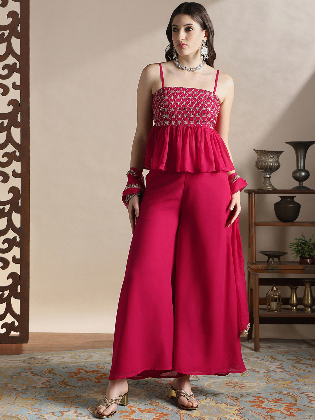 Globus Strappy Sleeves Sequin Embroidery Peplum Top With Palazzos & Dupatta Co-Ords