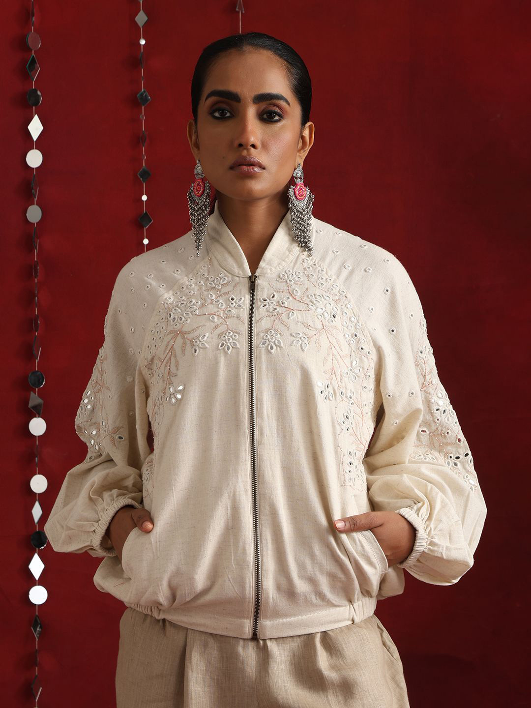 OKHAI Women Stand Collar Floral Embroidered Cotton Bomber Jacket