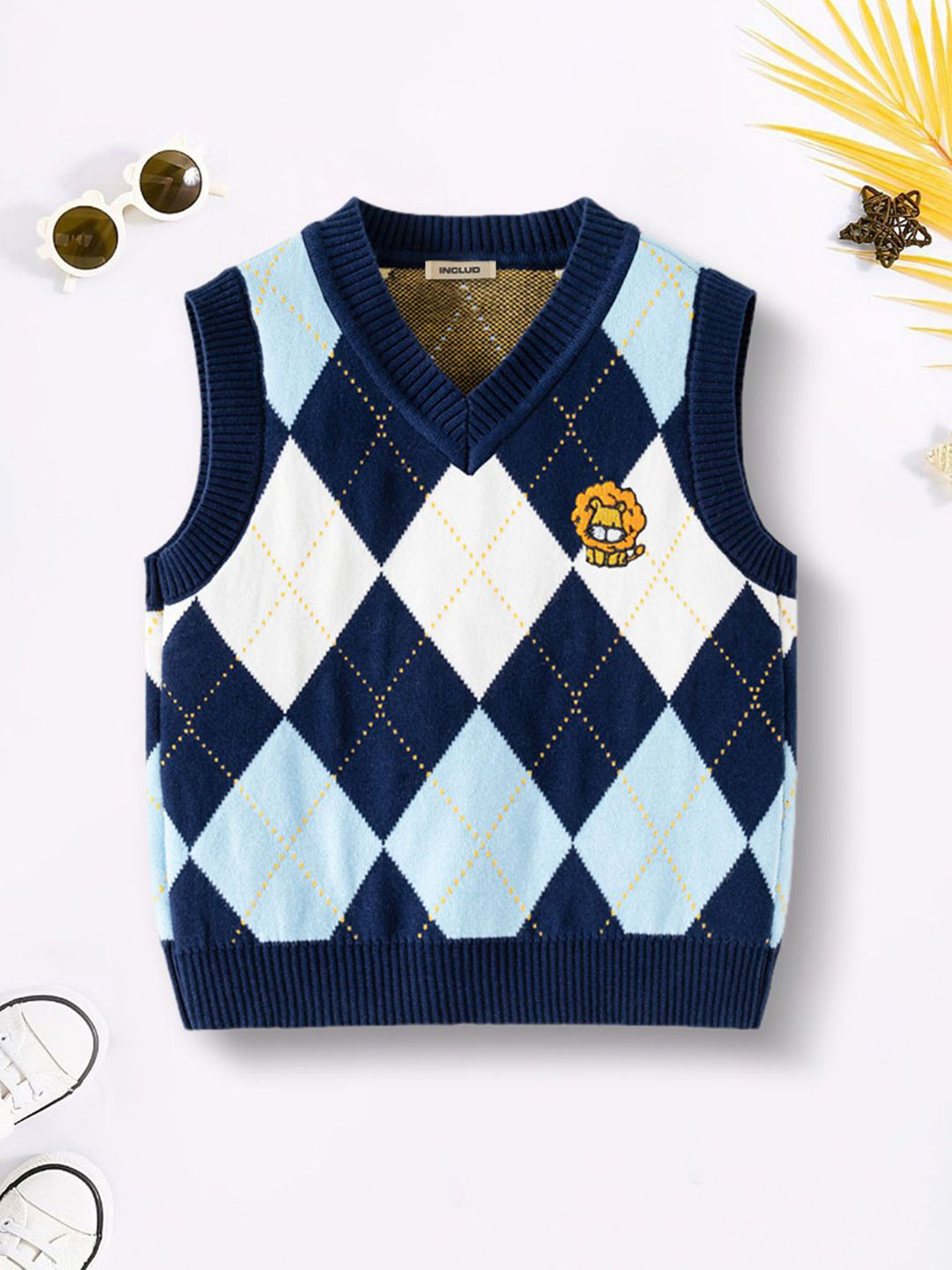 INCLUD Boys Geometric Self Design V-Neck Straight Sweater Vests