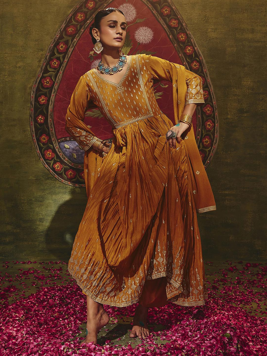 Libas Art Womens Mustard Embroidered Chinon Anarkali Kurta With Trousers & Dupatta