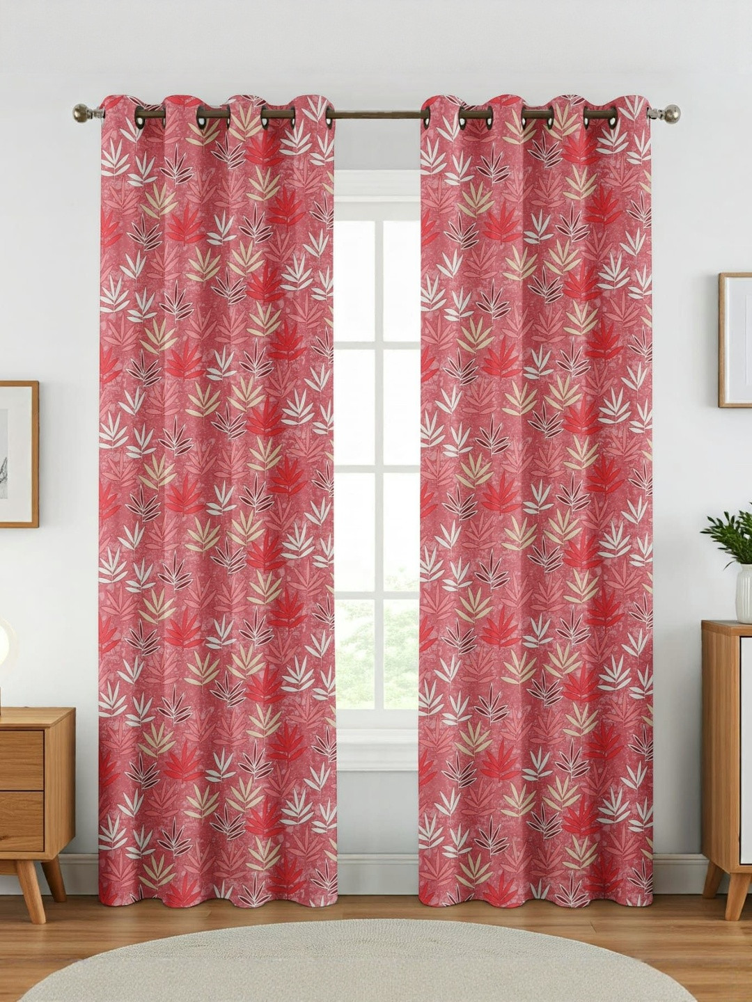GEET CREATIONS Softy Lotus Pink & Off White 2 Pieces Printed Room Darkening Door Curtains