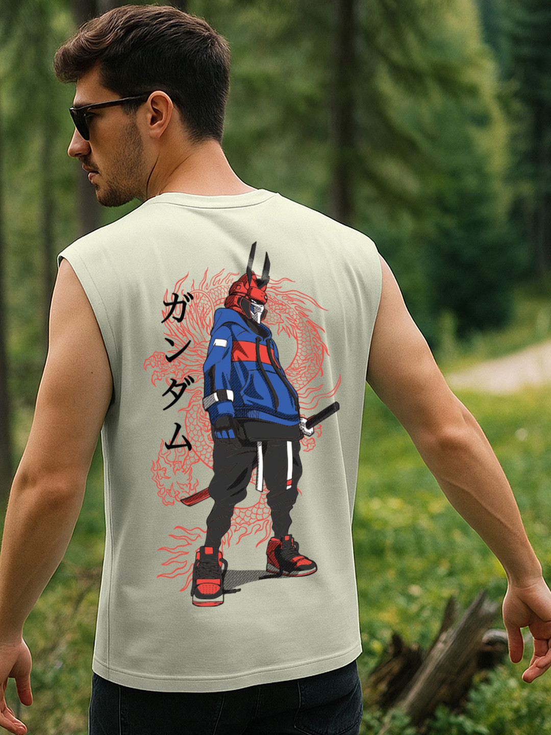 Bewakoof Men's Fog Green Cyber Samurai Graphic Printed Boxy Fit Vest