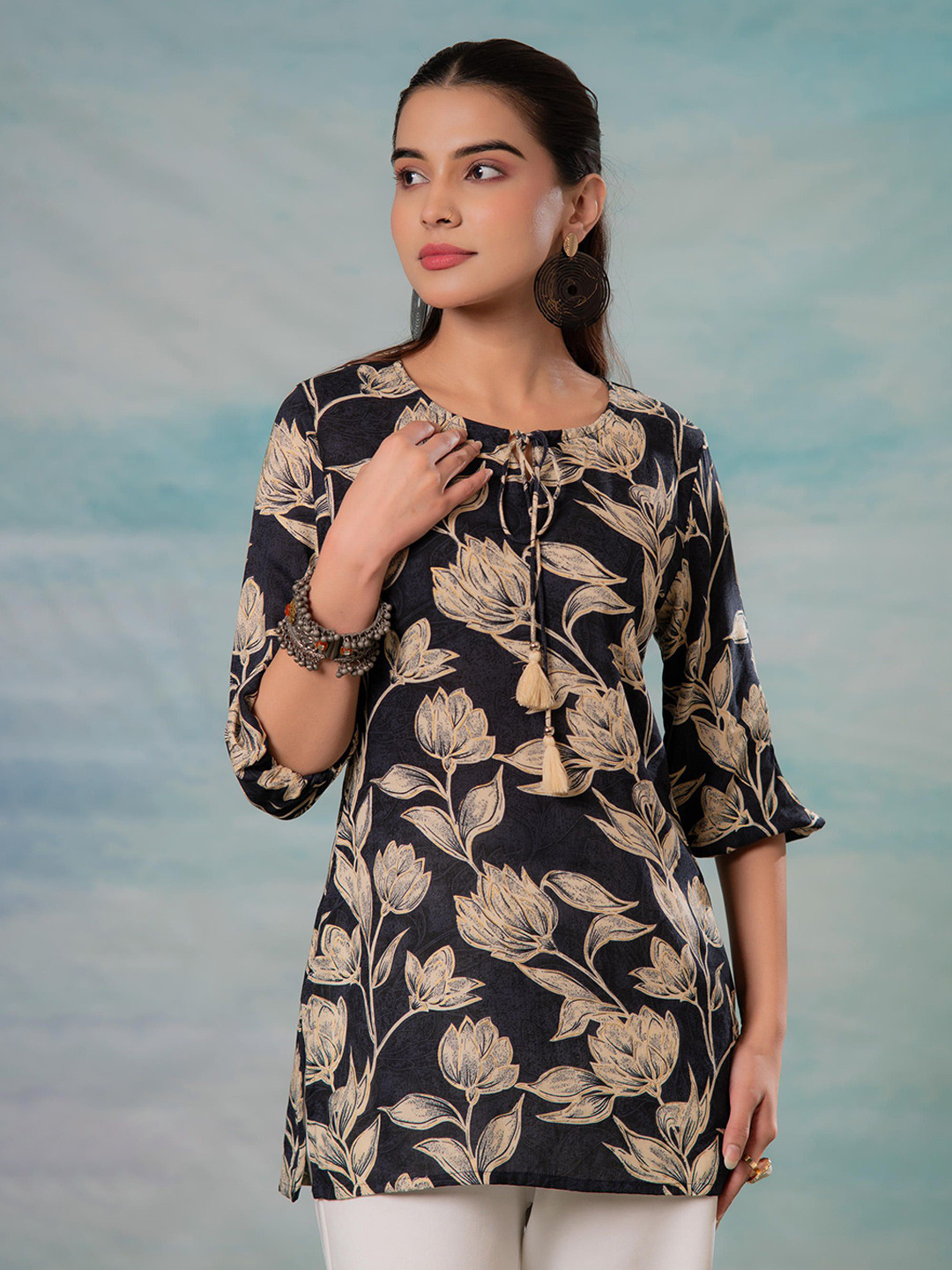 Juniper Floral Printed Round Neck Three-Quarter Sleeves Tunic